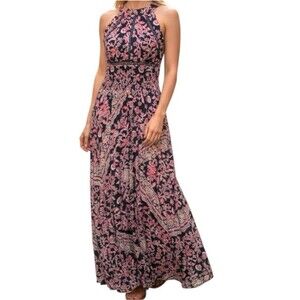 Abel the Label Anthropologie Vienna Halter Floral Maxi Dress Blue Pink Size S
